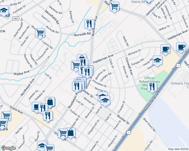 map of restaurants, bars, coffee shops, grocery stores, and more near 9802 Montour Street in Philadelphia