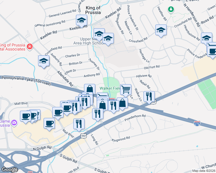 map of restaurants, bars, coffee shops, grocery stores, and more near 536 West Dekalb Pike in King of Prussia