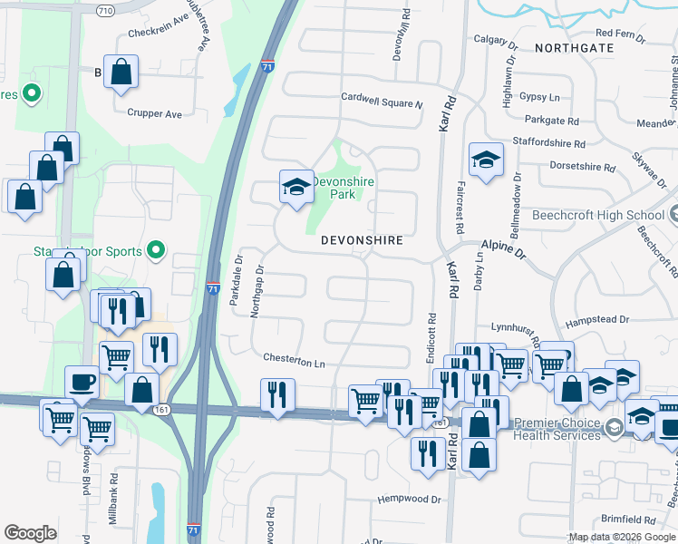map of restaurants, bars, coffee shops, grocery stores, and more near 6135 Whitby Square West in Columbus