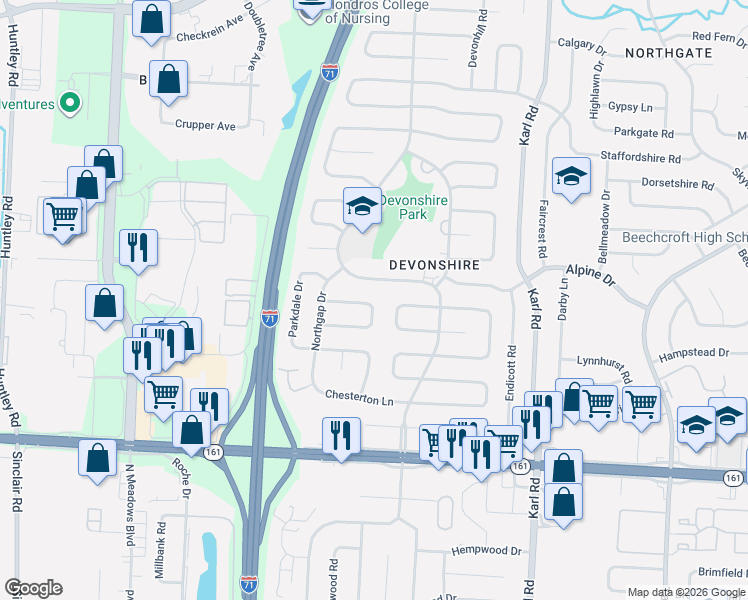 map of restaurants, bars, coffee shops, grocery stores, and more near 1262 Oakfield Drive South in Columbus