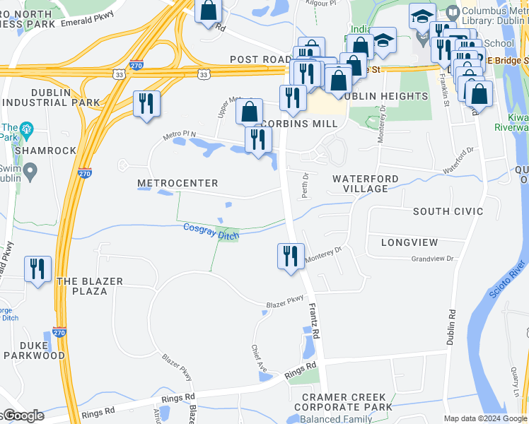 map of restaurants, bars, coffee shops, grocery stores, and more near Smiley Park in Dublin