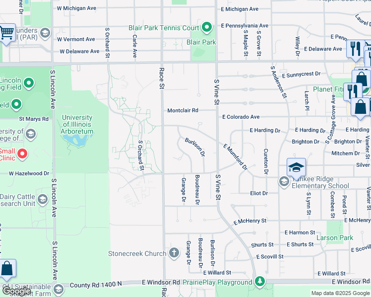 map of restaurants, bars, coffee shops, grocery stores, and more near 2017 Boudreau Drive in Urbana