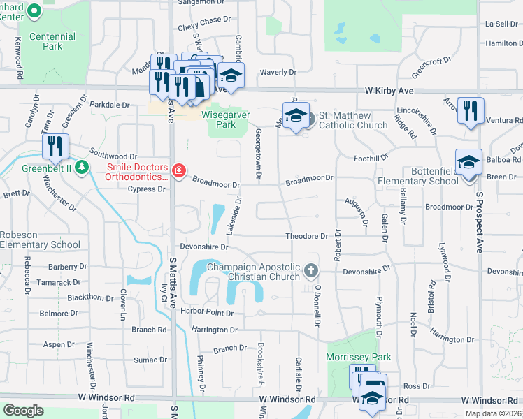map of restaurants, bars, coffee shops, grocery stores, and more near 1407 Weathervane Drive in Champaign