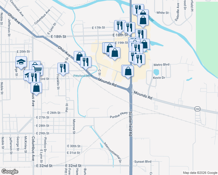 map of restaurants, bars, coffee shops, grocery stores, and more near 5607 South Scatterfield Road in Anderson