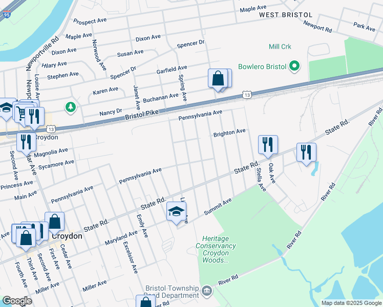 map of restaurants, bars, coffee shops, grocery stores, and more near 501 Grant Avenue in Croydon