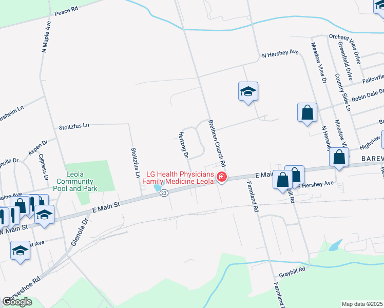 map of restaurants, bars, coffee shops, grocery stores, and more near 101 Hertzog Drive in Leola