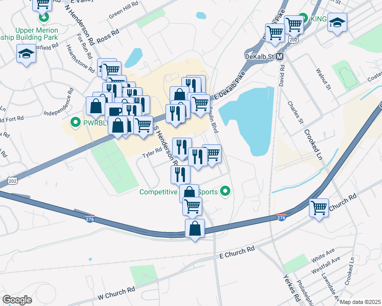 map of restaurants, bars, coffee shops, grocery stores, and more near 107 Monroe Boulevard in King of Prussia