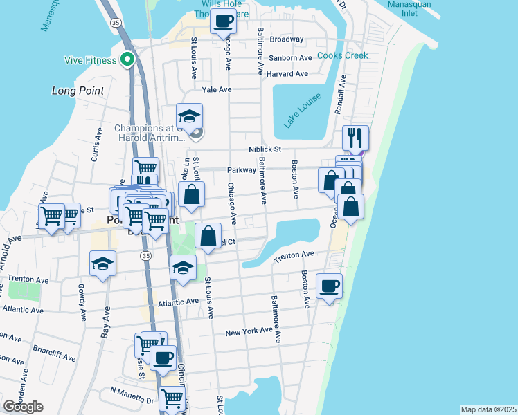 map of restaurants, bars, coffee shops, grocery stores, and more near 203 Arnold Avenue in Point Pleasant Beach