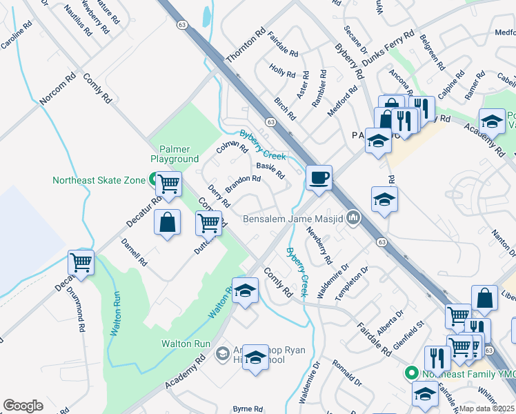 map of restaurants, bars, coffee shops, grocery stores, and more near 11724 Corry Road in Philadelphia