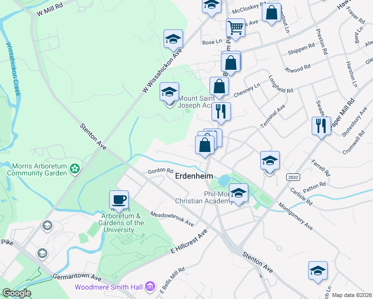map of restaurants, bars, coffee shops, grocery stores, and more near 13 Brookside Road in Erdenheim