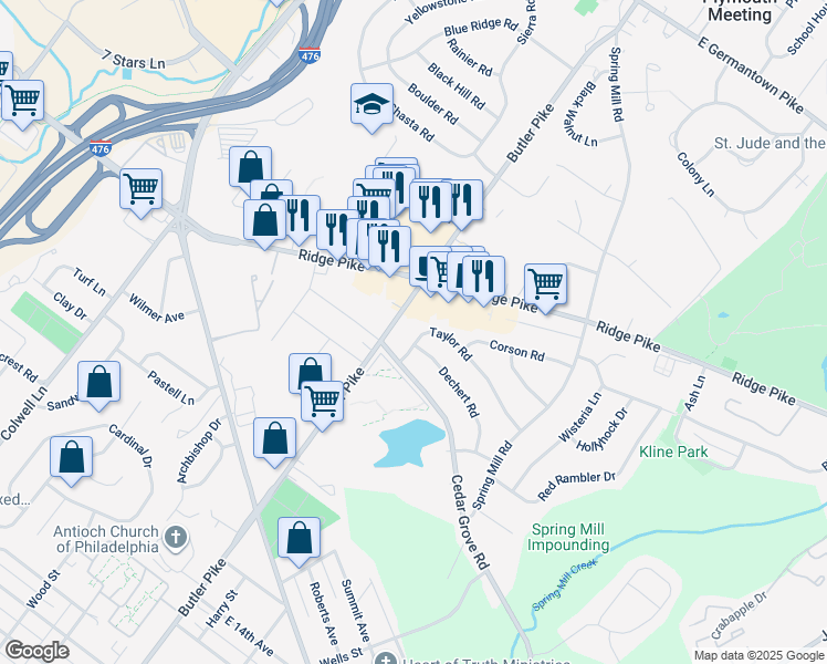 map of restaurants, bars, coffee shops, grocery stores, and more near 9 Taylor Road in Conshohocken