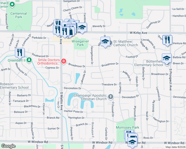 map of restaurants, bars, coffee shops, grocery stores, and more near 1407 Weathervane Drive in Champaign