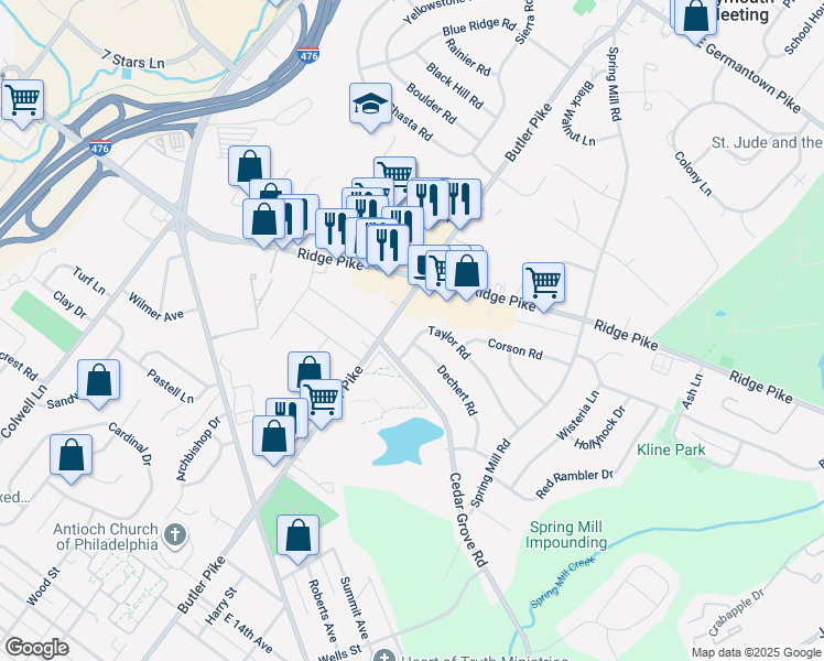 map of restaurants, bars, coffee shops, grocery stores, and more near 9 Taylor Road in Conshohocken