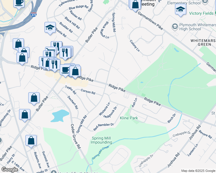 map of restaurants, bars, coffee shops, grocery stores, and more near 2052 Spring Mill Road in Lafayette Hill
