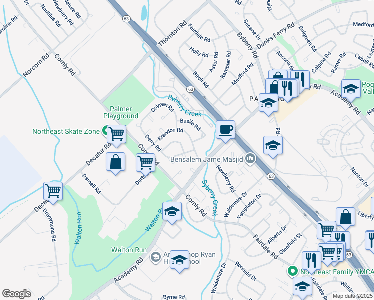 map of restaurants, bars, coffee shops, grocery stores, and more near 11760 Lanett Road in Philadelphia
