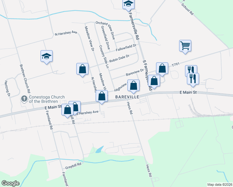 map of restaurants, bars, coffee shops, grocery stores, and more near 277 East Main Street in Leacock-Leola-Bareville