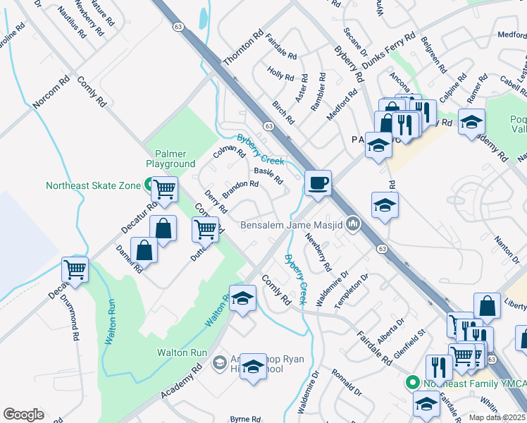 map of restaurants, bars, coffee shops, grocery stores, and more near 11760 Lanett Road in Philadelphia