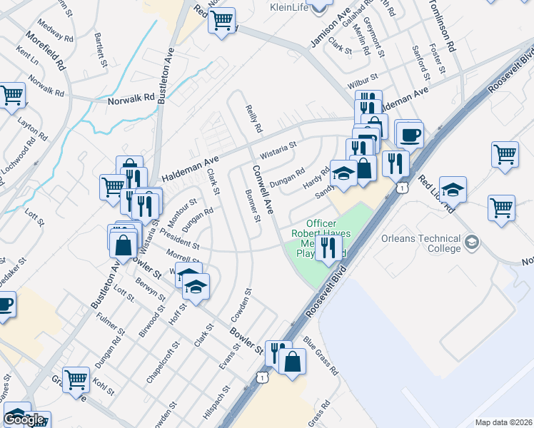 map of restaurants, bars, coffee shops, grocery stores, and more near 2180 Conwell Avenue in Philadelphia