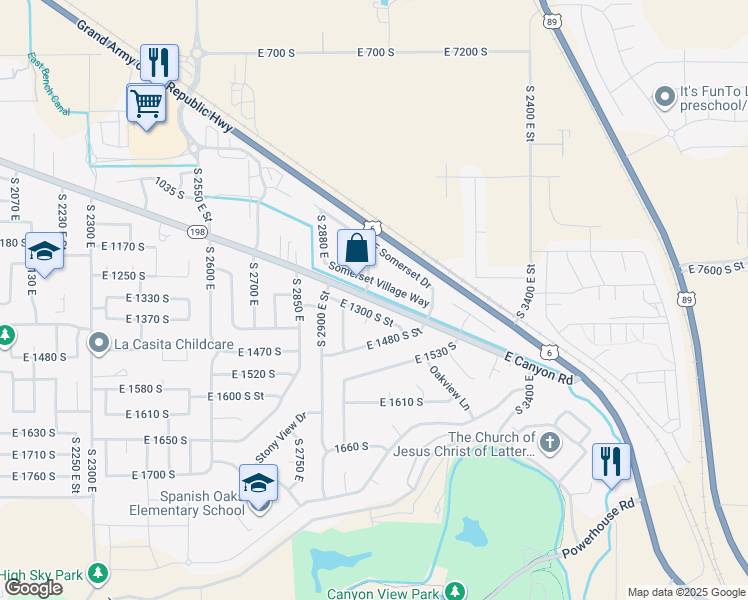 map of restaurants, bars, coffee shops, grocery stores, and more near 3032 East Canyon Road in Spanish Fork