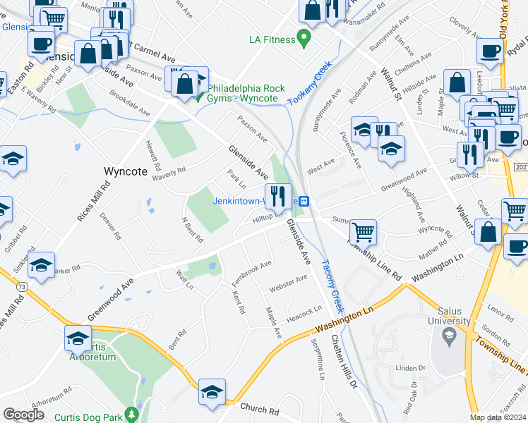 map of restaurants, bars, coffee shops, grocery stores, and more near 118 Woodland Road in Wyncote