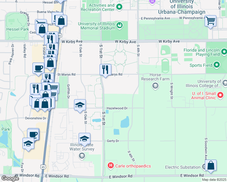 map of restaurants, bars, coffee shops, grocery stores, and more near 1900 South 1st Street in Urbana