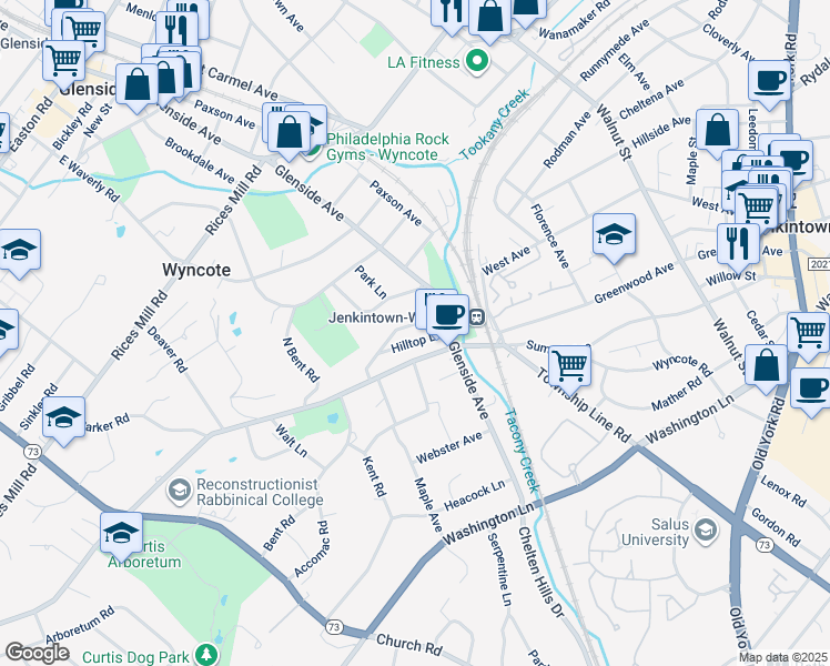 map of restaurants, bars, coffee shops, grocery stores, and more near 118 Woodland Road in Wyncote