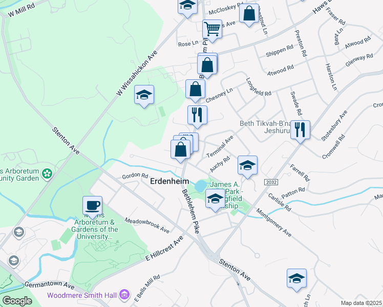 map of restaurants, bars, coffee shops, grocery stores, and more near 629 Bethlehem Pike in Erdenheim