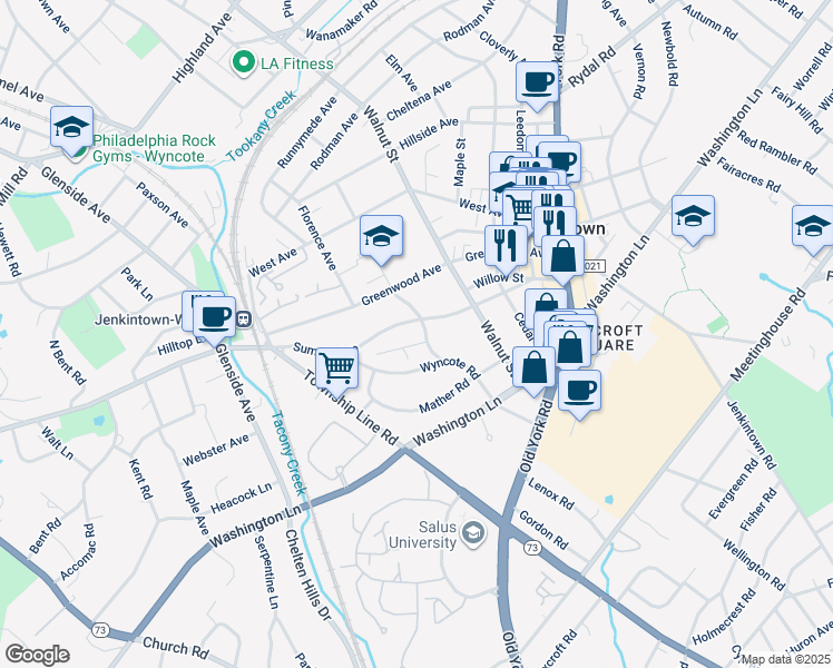 map of restaurants, bars, coffee shops, grocery stores, and more near 233 Wyncote Road in Jenkintown