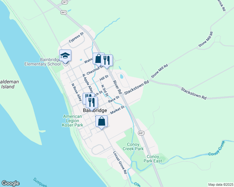 map of restaurants, bars, coffee shops, grocery stores, and more near 315 Race Street in Bainbridge