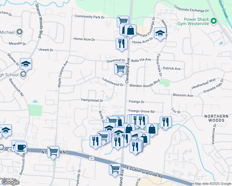 map of restaurants, bars, coffee shops, grocery stores, and more near 5899 Cleveland Avenue in Columbus