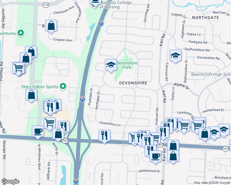 map of restaurants, bars, coffee shops, grocery stores, and more near 6135 Whitby Square West in Columbus