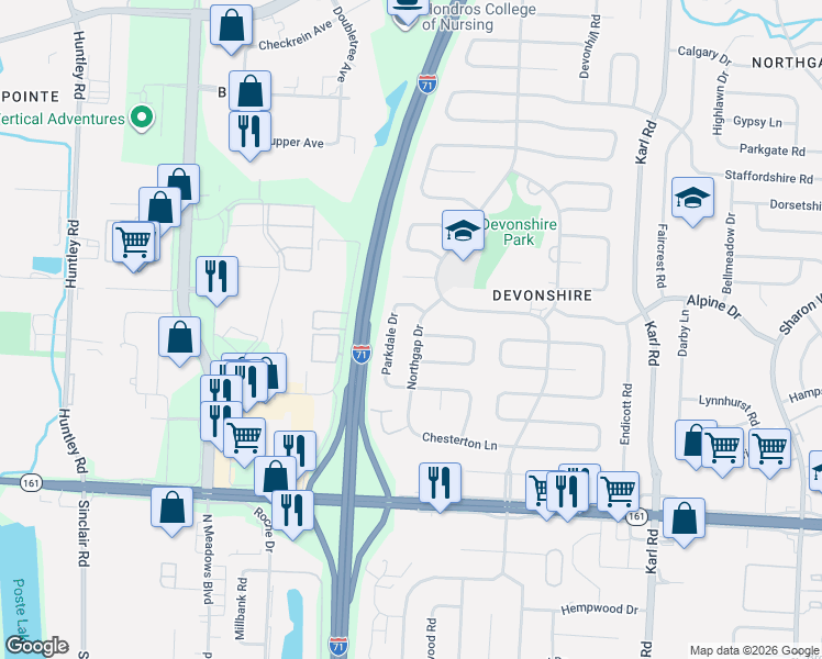 map of restaurants, bars, coffee shops, grocery stores, and more near 6158 Northgap Drive in Columbus