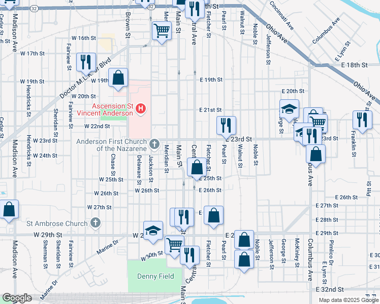 map of restaurants, bars, coffee shops, grocery stores, and more near 2411 Central Avenue in Anderson