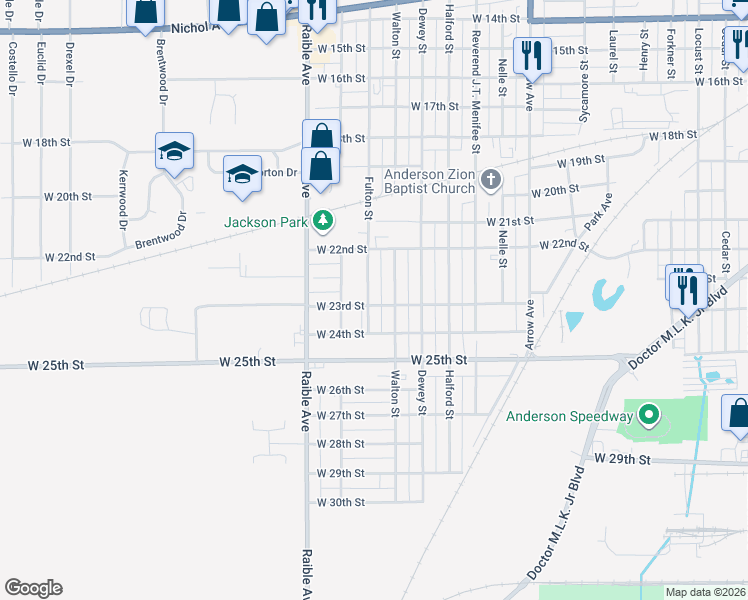 map of restaurants, bars, coffee shops, grocery stores, and more near 2312 Fulton Street in Anderson