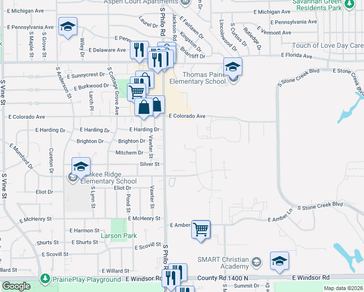 map of restaurants, bars, coffee shops, grocery stores, and more near 2028 South Philo Road in Urbana