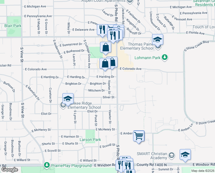 map of restaurants, bars, coffee shops, grocery stores, and more near 1303 Mitchem Drive in Urbana