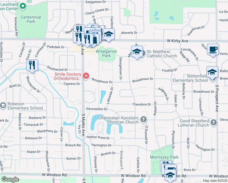 map of restaurants, bars, coffee shops, grocery stores, and more near 1810 Lakeside Drive in Champaign