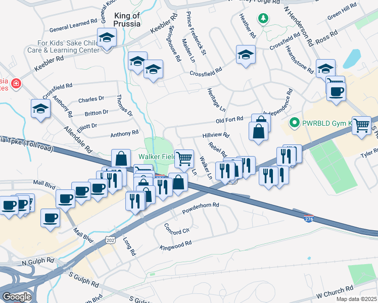 map of restaurants, bars, coffee shops, grocery stores, and more near 176 Nancys Lane in King of Prussia