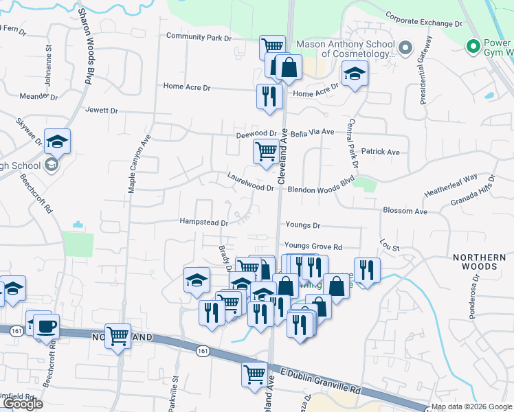 map of restaurants, bars, coffee shops, grocery stores, and more near 2280 Hampstead Drive in Columbus