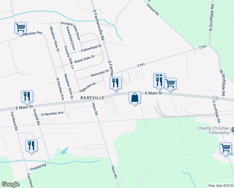 map of restaurants, bars, coffee shops, grocery stores, and more near 1 South Farmersville Road in Leola