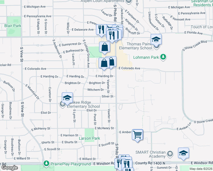 map of restaurants, bars, coffee shops, grocery stores, and more near 1303 Mitchem Drive in Urbana