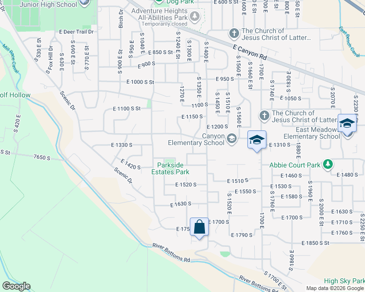 map of restaurants, bars, coffee shops, grocery stores, and more near 1257 South 1250 East in Spanish Fork