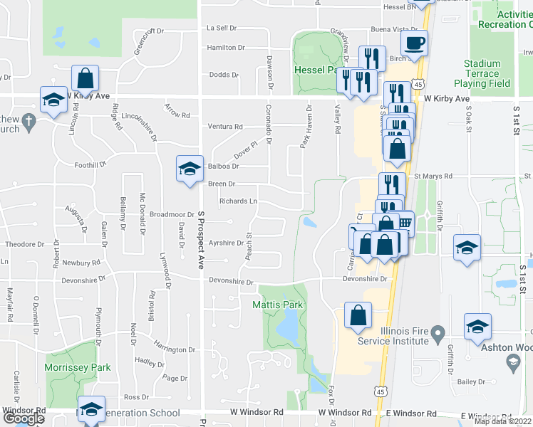 map of restaurants, bars, coffee shops, grocery stores, and more near 13 Ashley Lane in Champaign