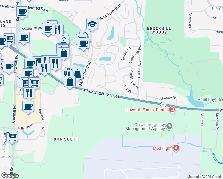 map of restaurants, bars, coffee shops, grocery stores, and more near 38 Meadow Village Drive in Columbus