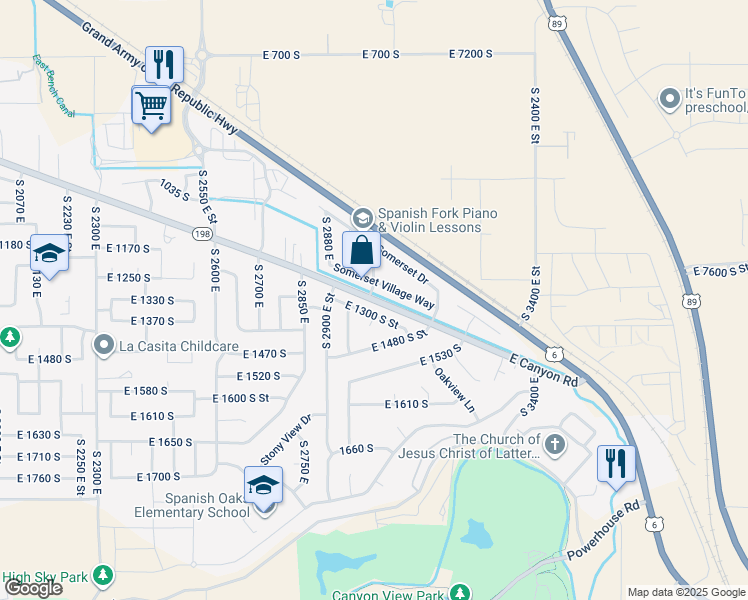 map of restaurants, bars, coffee shops, grocery stores, and more near Canyon Meadow Drive in Provo