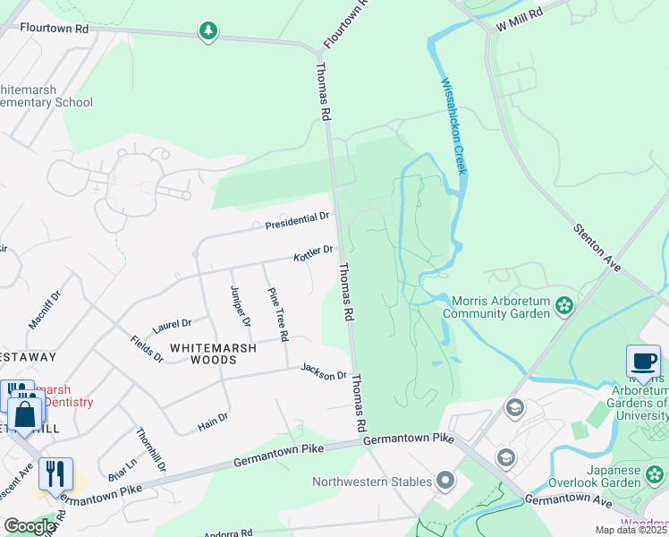 map of restaurants, bars, coffee shops, grocery stores, and more near 824 Thomas Road in Lafayette Hill