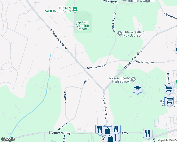 map of restaurants, bars, coffee shops, grocery stores, and more near 495 South Cooks Bridge Road in Jackson Township