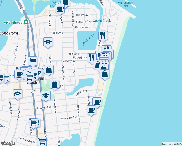 map of restaurants, bars, coffee shops, grocery stores, and more near 37 Central Avenue in Point Pleasant Beach