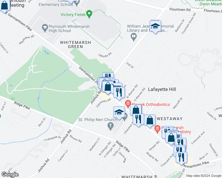 map of restaurants, bars, coffee shops, grocery stores, and more near 4003 1st Avenue in Lafayette Hill