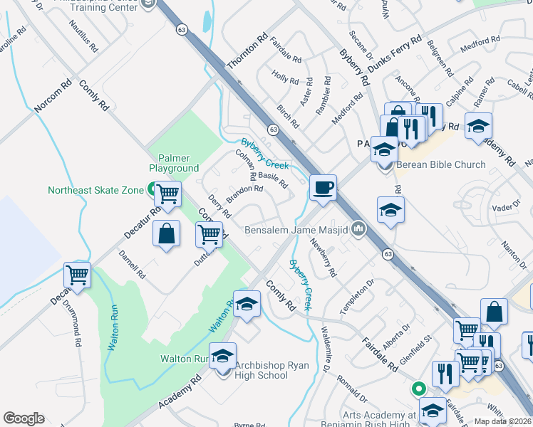 map of restaurants, bars, coffee shops, grocery stores, and more near 11851 Basile Road in Philadelphia